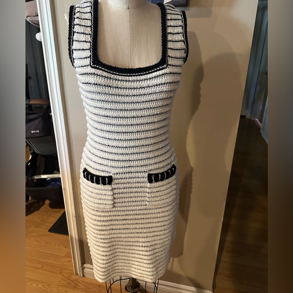 St. John Cream and Black Striped Knit Dress